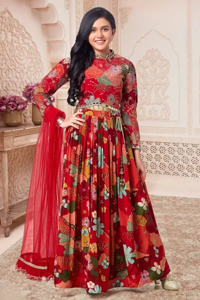 Red Sequins, Zari, Beads and Mirror work with Floral Print Lehenga Choli